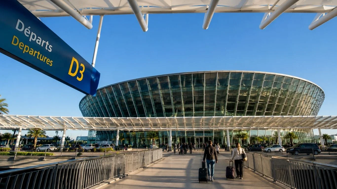 Terminal vitré de l'aéroport Nice Côte d'Azur (NCE) avec panneau zone départs D3.