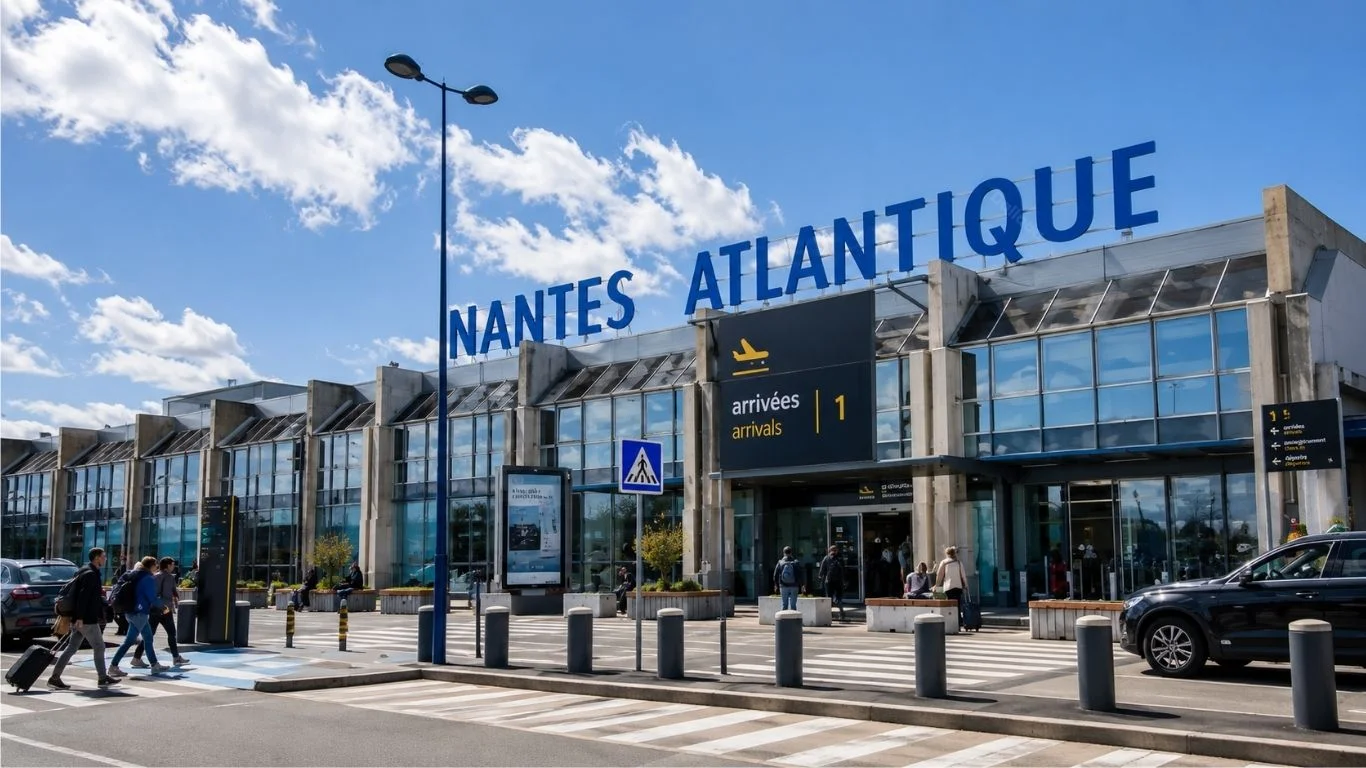 Façade principale du terminal de l'aéroport Nantes Atlantique (NTE) avec l'entrée des arrivées.